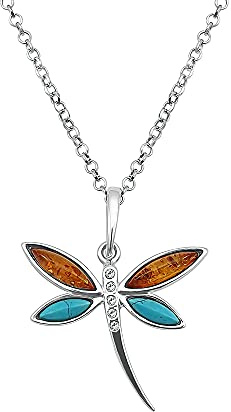 Kiara Jewellery Collar con colgante de libélula de plata de ley 925 con incrustaciones de ámbar báltico marrón y turquesa en cadena de plata de ley de 45,7 cm., Plata esterlina, Ámbar Turquesa
