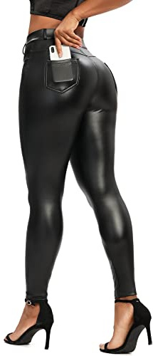 RIOJOY Leggings de Cuero para Mujer de Cintura Alta Pantalones de Cuero Leggings Sexys con Aspecto de Cuero Pantalones, S