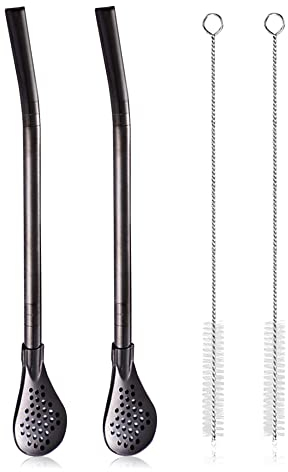 Yerba Mate Bombilla-Strohhalm-Filterlöffel mit 2 Reinigungsbürsten, wiederverwendbarer Metall-Trinkhalmlöffel, Cocktail-Rührer zum Trinken von losem Tee, Eiskaffee, Schwarz, 2 Stück