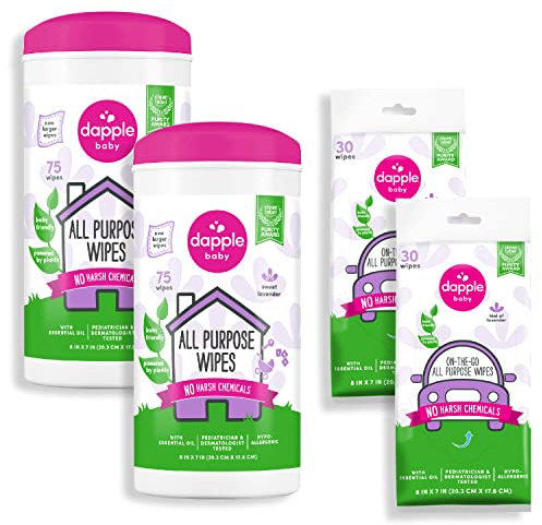 Dapple Baby All Purpose Cleaning Wipes - (2 Pack) 75 Count Canisters + (2 Pack) 30 Count Pouches - Plant-Powered & Hypoallergenic - Lavender Scent - Baby Essentials