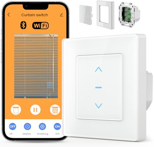 AVATTO Smart WiFi-Rollladenschalter für Rollläden, Jalousien, Markisen & Vorhänge – kompatibel mit Alexa, Google Home & Smart Life –mit Timer, Kindersicherung (50x50mm mit Rahmen, Nullleiter benötigt)