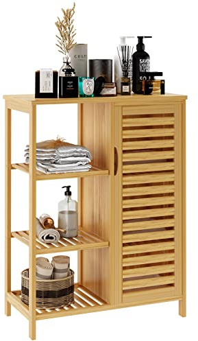 DlandHome Wohnzimmerschrank aus Bambus Küchenschrank mit Ei ner Tür und 3-stöckigen offenen Regalen, Sideboard Aufbewahrungseinheit Organizer für Wohnzimmer, Schlafzimmer, Bad, Küche, Flur