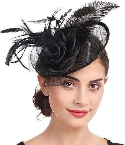 Fascinator Hut Damen Mütze mit Federn Haarschmuck Blumen Haarreif Mesh Kopfschmuck mit Haarclip Haarspange Elegant Schleier Vintage Kopfbedeckung Hochzeit Party Cosplay Cocktail Kirche
