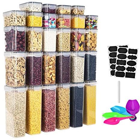 28Pcs Cereal Storage Containers Set Plastic Airtight Food Storage Container Kitchen Storage Containers with Lids,Reusable Labels,Marker,Spoon for Flour Cereal Spaghetti Pasta 2.8L 2.0L 1.4L 0.8L 0.52L