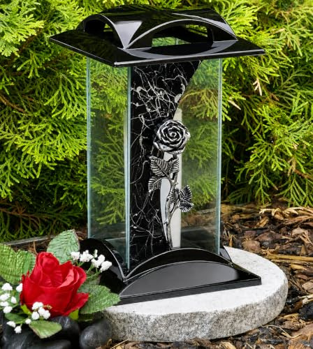 Grablampe Grablaterne Rose Silber 28,0cm Grabschmuck Grabkerze Grablicht Grableuchte Lampe Laterne Licht Kerze Trauer Friedhof Garten Grabdekoration