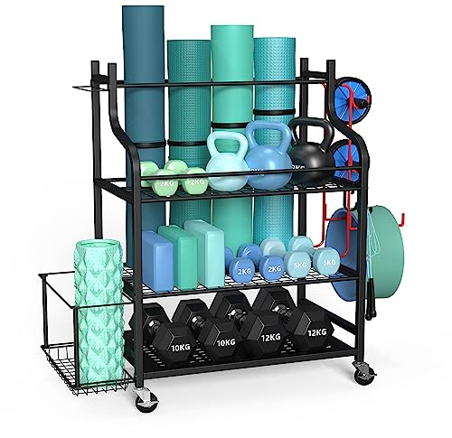 ZACHVO Hantelständer, Multifunktionaler Kurzhantelständer für Hanteln, Yoga Matte, Faszienrolle, Kettlebell und Yoga Block, Dumbbells Regal für Home Gym mit 4 Rädern und 8 Haken