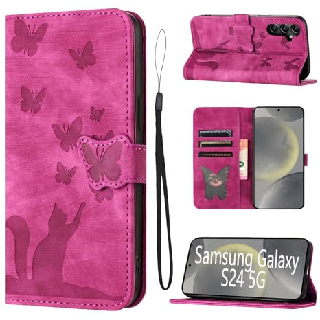 LSPCASA vikbart fodral för Samsung Galaxy S24 5G 6,2 tum stativfunktion Samsung Galaxy S24 fodral med kortplatser Samsung S24 fodral katter fjärilsmönster läderfodral rosa