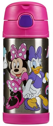Thermos - Minnie & Daisy Water Bottle (355ml) - BPA Free, Stainless Steel, Spill Proof, Pop-Up Straw, Disney Kids Flask with Personalised Name Labels & Carry Handle for 12-Hour Cold Drinks