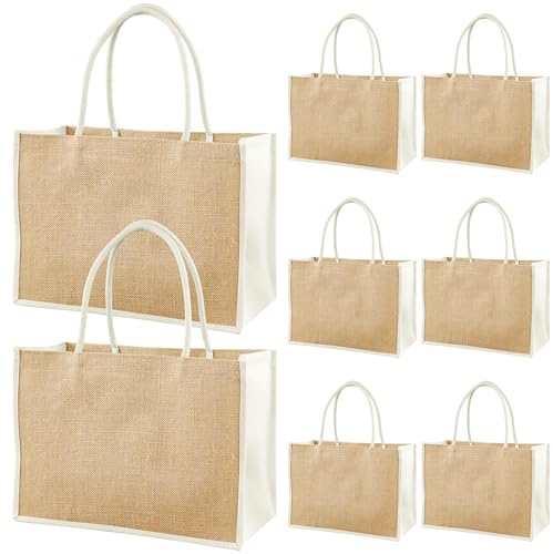 Malloom 8 Stück Jute Einkaufstaschen, Blanko Wiederverwendbare Sackleinen Einkaufstaschen, Große Tragbar Sackleinen Tragetaschen für DIY Bastelarbeiten Hochzeit Brautjungfer (32 x 22 x 13 cm)