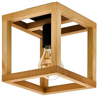 EGLO Deckenlampe Blackcrown, Deckenleuchte Kubus | Deko Lampe Decke im Nature Design, schwarzer Stahl mit Holz-Rahmen, Holzlampe mit E27 Fassung, 20 x 20 cm