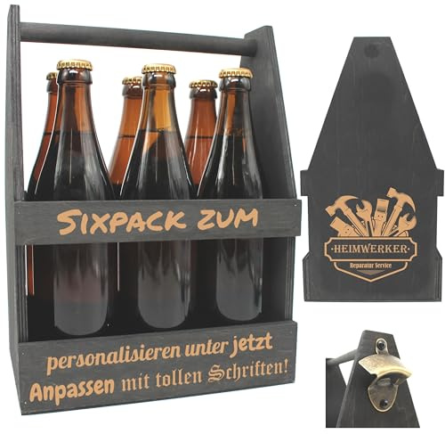 die-veredler HEIMWERKER-Bierträger personalisiert Sixpack Flaschenträger Bierträger aus Holz SCHWARZ mit Gravur Männerhandtasche Geburtstagsgeschenk Biergeschenk Vatertag Geschenk
