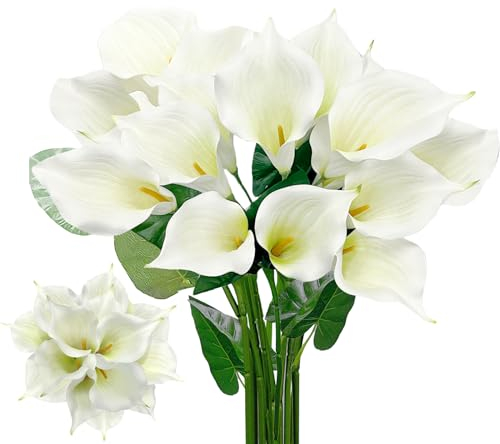 SNAIL GARDEN 14 Large Blooms Artificial Calla Lilies with Green Leaves,Realistic Latex Calla Lilies with Removable Flower Heads,Real Touch Artificial Lily Flower for Home Wedding Office Decoration