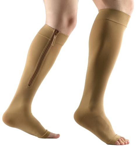 Mdrcg Zipper Kompressionsstrümpfe Damen Herren,Stützstrümpfe Mit Reißverschluss,15-20 mmHg Kompressionssocken Offenen Zehen, Compression Socks Für Krampfadern, Ödeme,Schwangere,Skin Color,XL