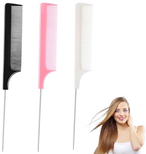 6 PCS Pin Tail Comb Parting Comb Pintail Hair Comb Stainless Steel Handle Comb Salon Hair Comb for Women and Men(Black+White+Pink)