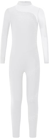 iiniim Kinder Turnanzug Langarm Gymnastikanzug Ganzkörper Trikot Glitzer Ballettanzug Mädchen Eiskunstlauf Body Sport Overall Jumpsuit Weiß 170-176