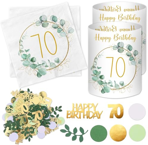 20 Stück Servietten 70 Geburtstag+ 12 Windlicht Tischdeko + 100 Konfetti Deko Grün, Eukalyptus Tisch Deko 70 Jahre, Geschenke zum 70 Geburtstag Frau Mann