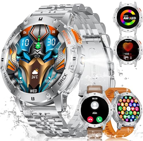 ESFOE Orologio Smartwatch Uomo con Torcia LED(3 Cinturini),1,43'' AMOLED Militari Smart Watch con impermeabile 5ATM,530 mAh Fitness Tracker Contapassi 120+ Modalità Sport robusto orologio con Chiamate