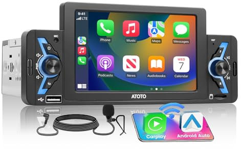 ATOTOEXCEL F7WE 5 inch Single DIN Car Stereo, Wireless Carplay &Android Auto, Voice Assistant, Built-in Amplifier, External Microphone, MirroLink, Live Rear View, FM/AM/RDS Radio