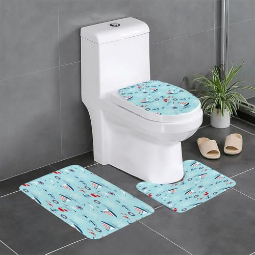 EYLOZS Bathroom Set, Rugs Sets 3 Piece,Anti-Slip, Boat Wave Seagull Sailing Anchor Steering Colorful Summer Wheel Ship Lifebuoy,Absorbent Bath Mat for Tub, Shower, Room, Kitchen