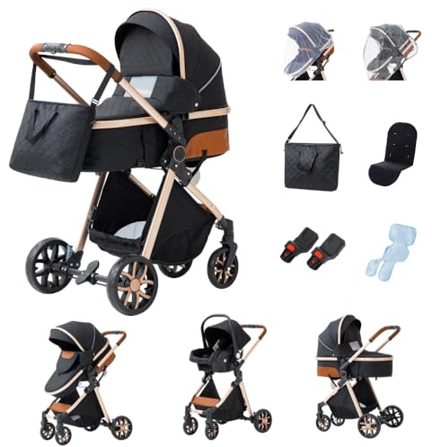 GLOKID Passeggino 3 in 1，Passeggino Canne，Trio，Portatile，Con Seggiolino Accessori，Adattatori universali，4 ruote con ammortizzatori，navicella，grandi ruote (LV9 Nero)
