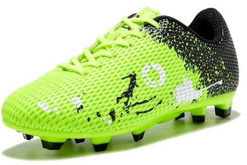 LEOCI Scarpe da calcio per bambini Ragazzi e ragazze Outdoor Astro Soccer Boots Rugby Studs Scarpe, Verde Nero Bianco, 35 EU