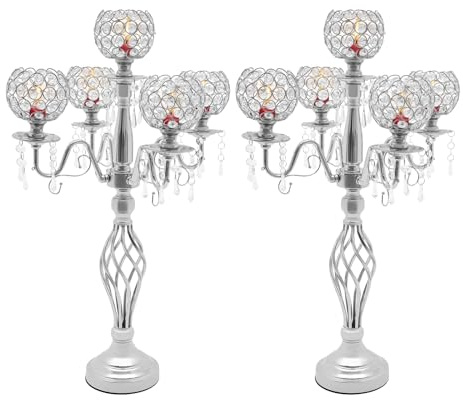 Etrhdfyts 2 Stück Kerzenständer 5-Armig Vintage Kandelaber Metall Kerzenhalter mit Kristallperlen für Tisch Centerpiece Hochzeit Dekoration Set (Silber)