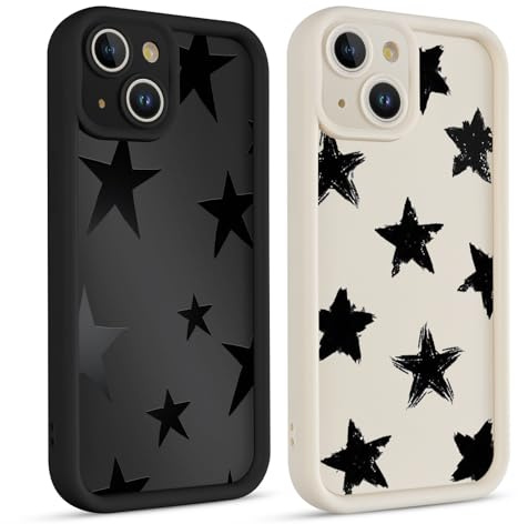 Coiwxmoi 2 Piezas Funda para iPhone 13 Mini, Silicona Carcasa con Aesthetic Lindo Estrella Star Dibujos Cover para Mujer Niñas, Antigolpes Cámara Protector Y2K Case para iPhone 13 Mini 5,4, Negro