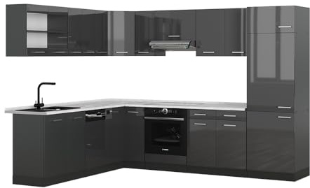 Vicco Eckküche R-Line, Anthrazit Hochglanz/Anthrazit, 227 x 287 cm, AP Marmor