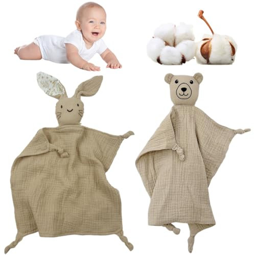 2 Stück Schmusetuch baby, musselin baby，Plüschtuch mit Bärenkopfmotiv,Doppellagiger Tüll aus 100% Bio-Baumwolle,Baby Geschenk zur Geburt Junge & Mädchen，kuscheltuch baby-Khaki
