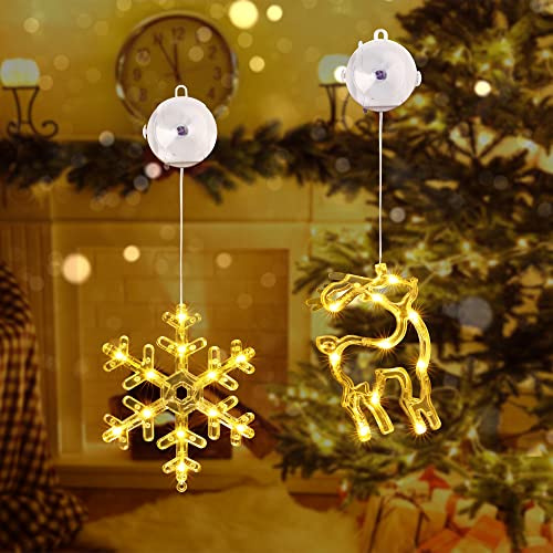 Qedertek Weihnachtsbeleuchtung Innen, 2 Stück 10 LED Lichtervorhang Warmweiß Batteriebetriebene mit Saugnäpfe, Timer, Fenster Lichterkette für Weihnachten Deko, Party, Hochzeit (Schneeflocke & Elch)