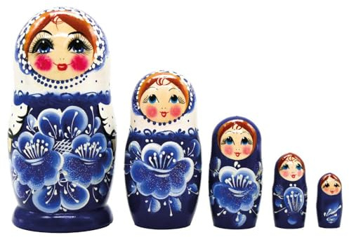 rukauf Blaue Blumen Matrjoschka Matröschka Matroschka Babuschka 18cm Höhe - 5 Holz-Puppen - Verschiedene Motive - Holzpuppe Матрёшка Matruschka