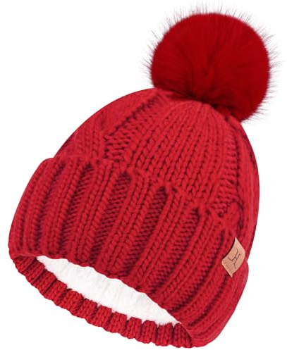 Bequemer Laden Gorro Termico Gorro Pompon Mujer con Forro Fleece Caliente | Adorable Cable Grueso Gorro Mujer Invierno con Pompon Gorro Pelo de Doble Capa Puño Elástico Talla Unica para Navidad Regalos
