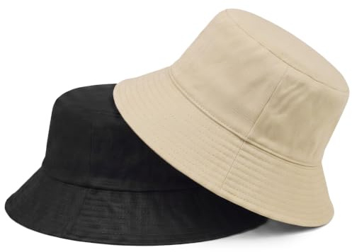 X-stor vändbar hinkhatt - Unisex UV-skydd, packbar, moderiktigt tryck för sommarens utomhusfiske, strandvandring (svart och beige)