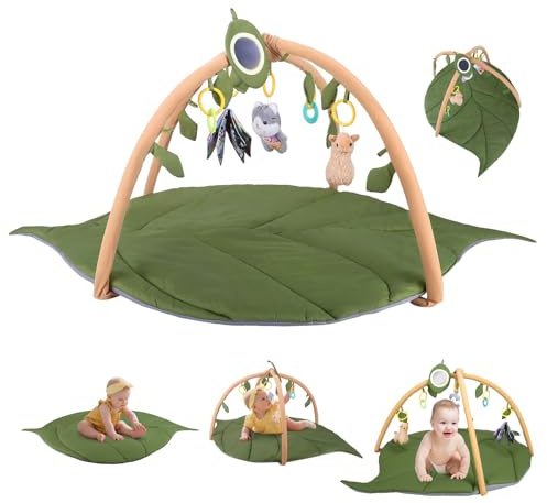 Baby Spielmatte mit 5 Höhenverstellbaren Sensorischen Spielzeugen- 128x89x50 cm xl Weiche Spieldecke - Naturthemen Krabbeldecke Spielbogen Babies zur Motorik & Sinnesförderung, Baby Play Mat & Gym
