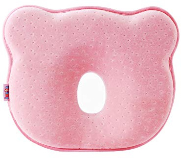 Coussin en forme d'ours, ergonomique en viscoélastique pour bébé, coussin à tête plate serviette en cadeau doux (rose)
