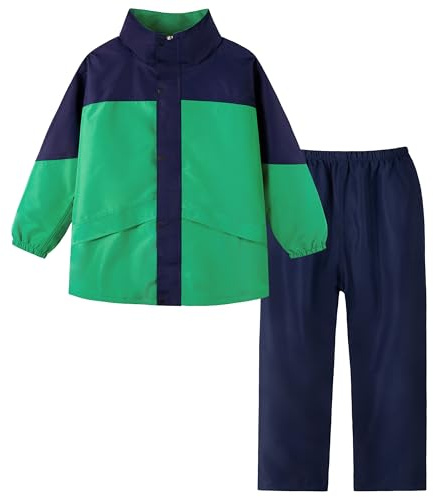 Volunboy Enfants Imperméable à Capuche Boutons Manteau Veste de Pluie et Pantalon Combinaison pour Fille Garçon(8-9 ans,Vert Bleu,XL)
