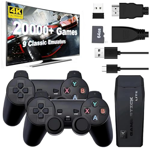 Whatsko Retro Game Stick, Retro Games Console, Plug and Play Video Gaming Console 4K HD Output Built-in 20,000+ Games, 2.4G Wireless Controllers Gamepad- 64G, Gifts for Kids Adults