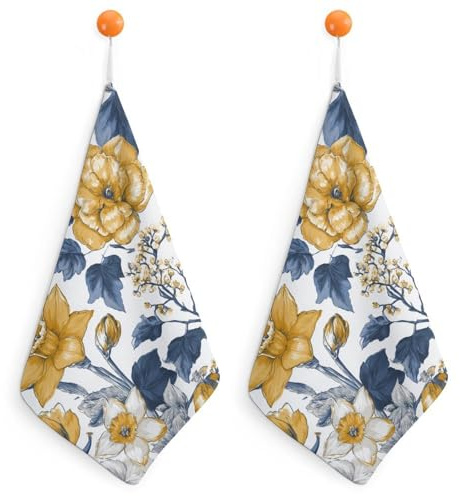 Jubonexis Lot de 2 petites serviettes absorbantes et douces avec boucle de suspension Motif jonquilles et lierre