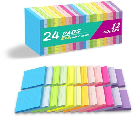 (24 Pack) Lined Sticky Notes 3x3 in,Notepads with Lines,Ruled Stickies Super Sticking Power,Office School Memo Note Pads Bright Colors,Post on Windows Doors,Recyclable,Easy to Write on
