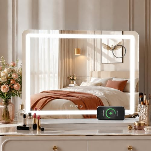 MAMIZO Schminkspiegel mit Beleuchtung, 58X46cm, Mit USB und Typ-C, Hollywood Spiegel, 10x-Lupe, 3 Farbtemperaturen, Wandspiegel, Tischspiegel, mit Touchscreen-Steuerung, Kosmetikspiegel mit licht