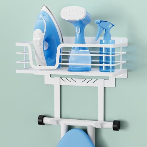 KES 40kg Heavy-Load Ironing Board Hanger Wall Mount, One-Piece Metal Frame Ironing Board Holder with T&V Shaped Hooks, Extra Large Storage Basket, No Breaking Sturdy Screws Included, White, HIR502-WH