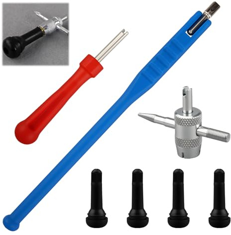 7 Piezas Kit Herramientas para Válvulas de Neumáticos, Llave para Válvulas y Extractor de Obús y Multiherramienta 4 en 1 y Vástagos TR414, Obus Valvula Set Para Coche Moto Bici Scooter Ruedas Tubeless