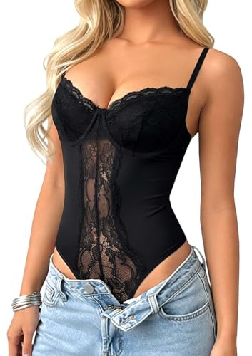 TZLDN Women Lace Bodysuit Sexy Outfits Going Out Mesh Body Suits Clubbing Party Black S