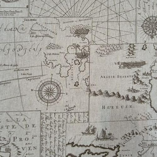 Werthers Stoffe Meterware Weltkarte – Antike Seekarten & Landkarten Design im Vintage Stil – Stoff mit Kompass, Navigation & Ozean Motiven für Deko, Taschen, Kissen, Vorhang & DIY maritim Farbe: natur