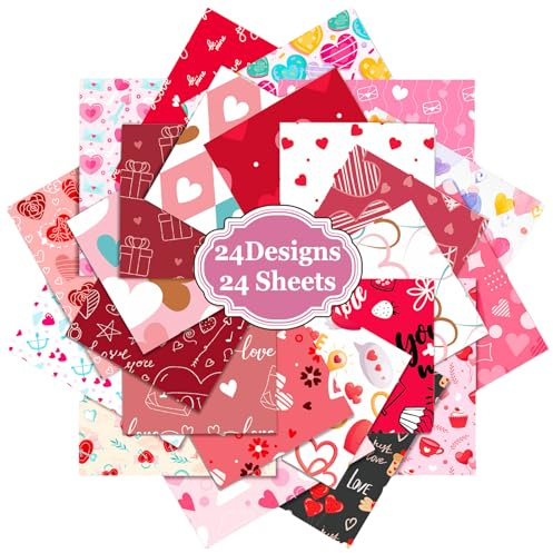 FOSDICK 24 Fogli Carta Decoupage Scrapbook di San Valentino, 15*15cm Carta Scrapbooking con Motivi Cuore, Scrapbooking Accessori Carta Decorativa per Diario Album Foto Regalo Fotografico Decorazione