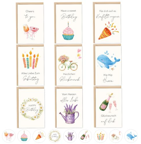 G2PLUS 9 Geburtstagskarten Set: Glückwunschkarten mit Umschlägen Stickern | schöne Aquarell Happy Birthday Karten für Mann, Frauen, Freunde, Familie und Kollegen