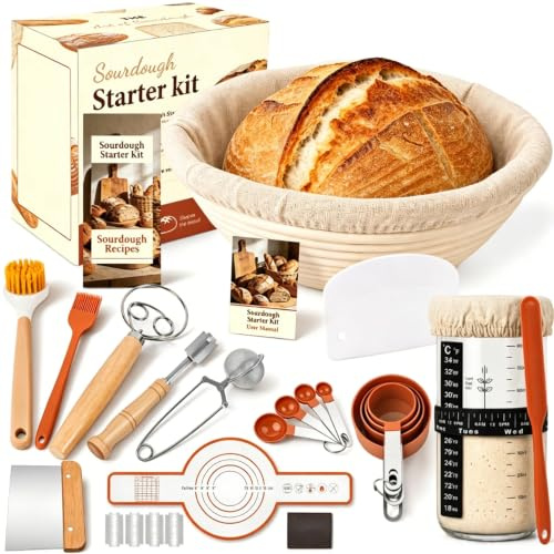 Terlulu 21-teiliges Sauerteig Starter Set, Rattan Gärkörbchen 23cm rund mit 800ml Sauerteig Glas Set, Komplettes Brotbackzubehör Kit, Brot Backen Zubehör für Einsteiger und Erfahrene Bäcker