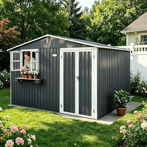 Capanno per attrezzi da esterno, 7,19 m², in acciaio zincato, casetta da giardino con 2 finestre apribili, porte chiudibili a chiave e scaffale per fiori, impermeabile, per giardino, terrazza, cortile
