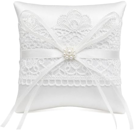 LUVDECO Ringkissen Hochzeit Weiß 15x15 cm (ca. 5,9x5,9 Zoll) Satin Spitze Perle Schleife Ringhalter Brautkissen für Eheringe Verlobung Trauung Standesamt – Romantisches Hochzeitsaccessoire
