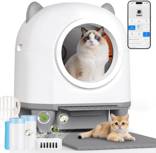 JUMMICO 90L XXL Selbstreinigende Katzentoilette, Smart Katzentoilette mit App-Steuerung, Einklemmschutz, Gesundheitsüberwachung, Doppelte Geruchsneutralisation, Streumatte & Duft für Mehrkatzen